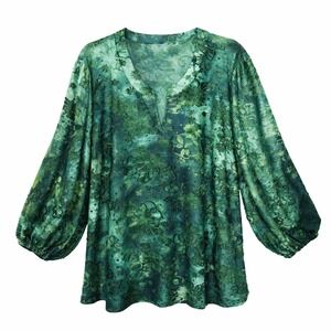 Calessa Green Floral Burnout Velvet Balloon Sleeve Tunic Top Plus Size 2X